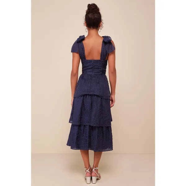 NWT Lulus Blissful Direction Navy Tie-Strap Clip Dot Bustier Midi Dress Gala M - Image 3