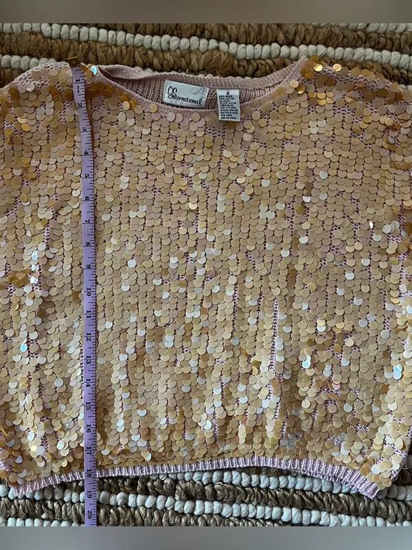 Vintage peachy orange Sequin baby pink Short Sleeve Top - Image 5