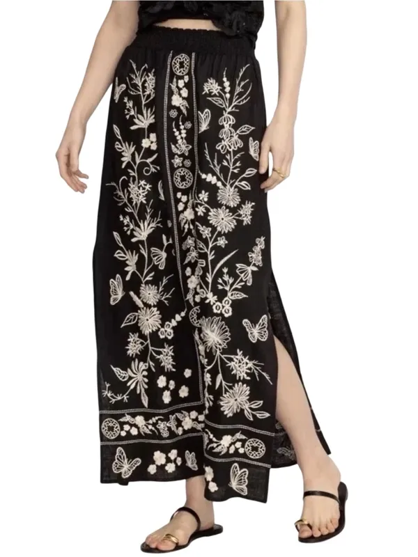 Johnny Was Women’s Size S Black White Embroidered Domingo High Slit Linen Skirt - Image 2