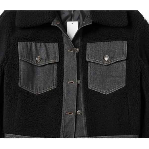 Madden Girl Juniors Denim Sherpa Jacket Size M Black Denim-Trim Fleece Buttons‎ - Image 5