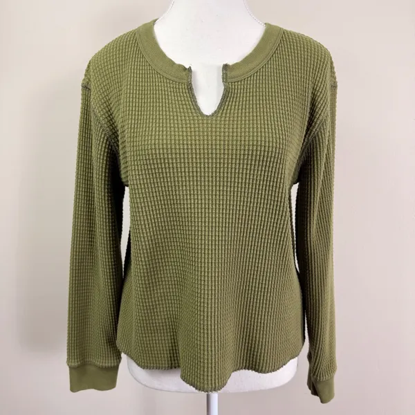 Madewell Womens Olive Green Waffle Knit Notch Neck Thermal Top Size Medium - Image 2