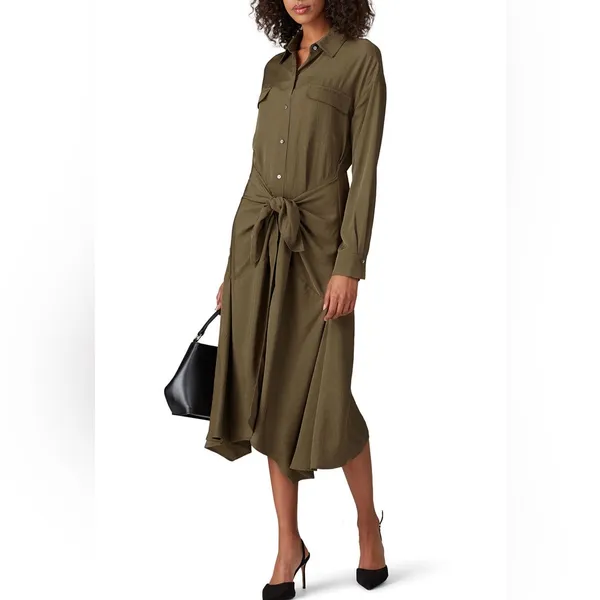 Vince olive green button front‎ tie front asymmetric hemline shirtdress size xs - Image 11