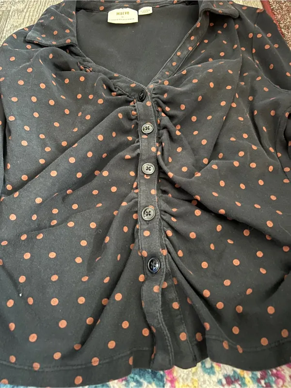 Maeve Anthropologie Ruched Button Front Top XL Black Tan Polka Dot Stretch - Image 9