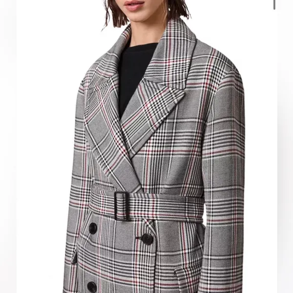 All Saints Tyla Check Plaid Wool Blend Belted Long Trench Coat - Image 4