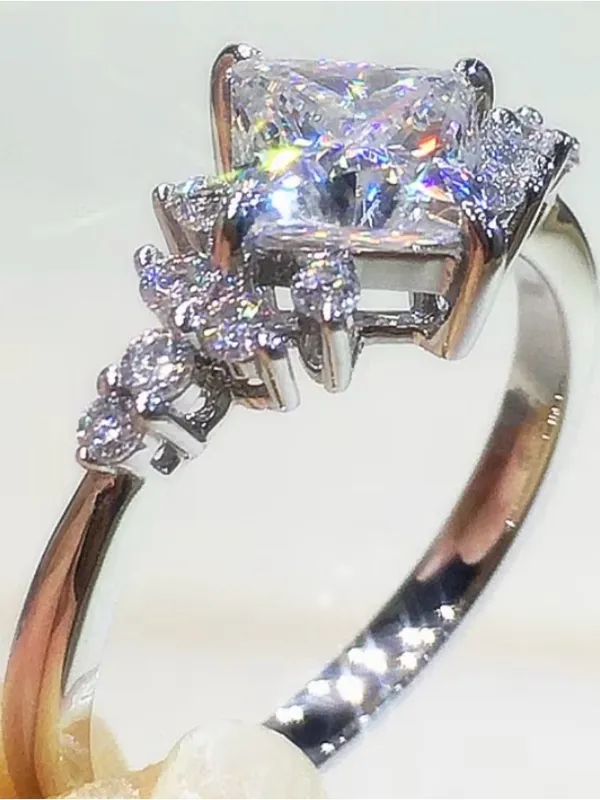 White Gold Plated Diamond-Cut Princess CZ Engagement Ring Size 9 - Image 3