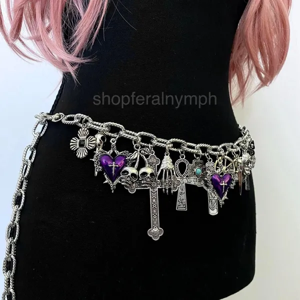 Silver Y2K Gothic Purple Heart Charm Chain Belt, Fits 14-40 Inches, X7GA1307 - Image 2