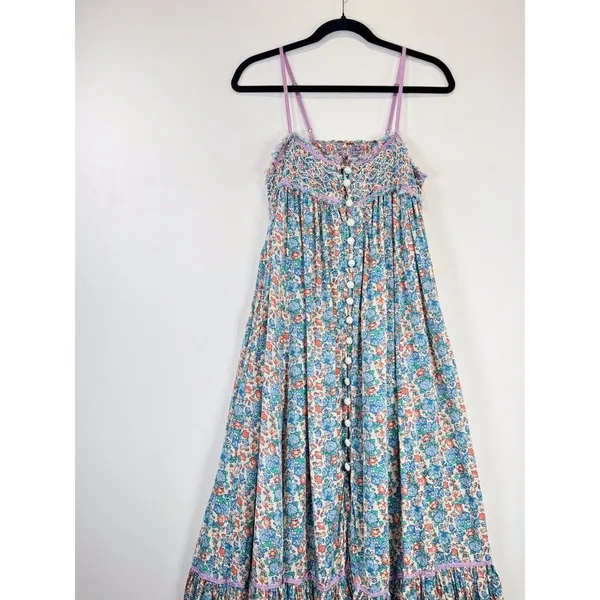 Free People Maxi Dress Blue Molly Jo Floral Button Down Cutout Back Smocked XS - Image 6