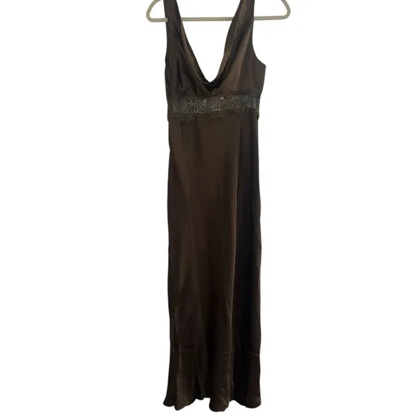 ✨Juliet Midi Dress - V Neck Lace Insert Satin Slip Sz 6 Dress In Chocolate✨ - Image 9