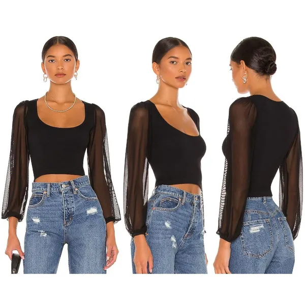 Free People Intimately Lost In Love‎ Seamless Top Black Mesh Puff Sleeve M/L - Image 7