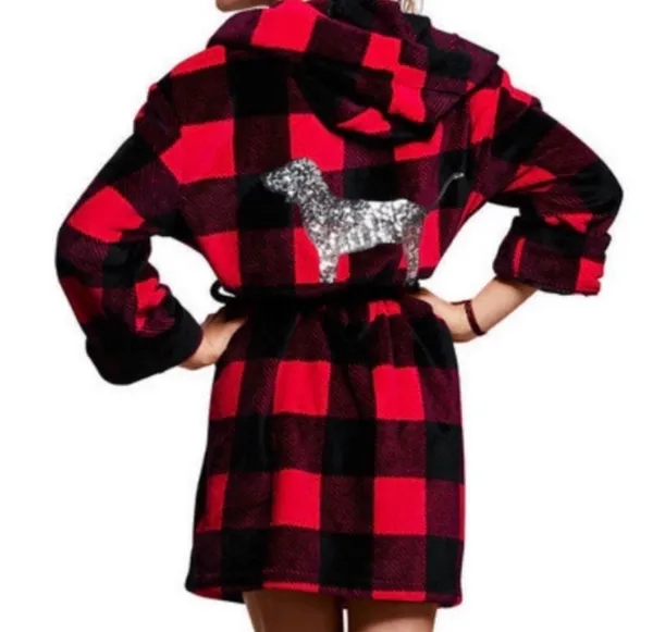 red and black buffalo plaid plush hooded robe from Victoria's Secret PINK featuring a large silver sequin dog logo on the back - Image 2