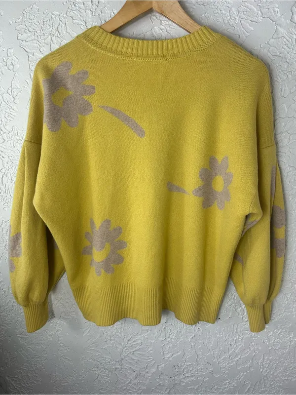 EVERLANE Floral Cotton Merino Wool Crew Neck Puff Sleeve Sweater Size M - Image 6