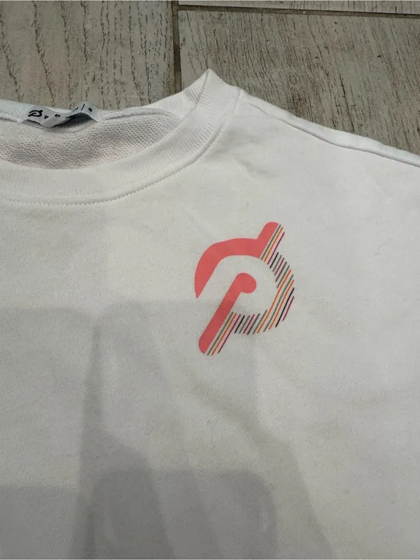 Woman’s Peloton White Sweatshirt with Coral Pink Raglan Sleeves Size S - Image 3
