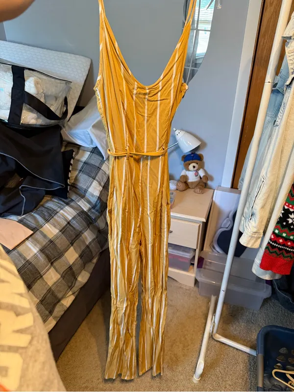 Forever 21 Mustard Yellow & White Striped Spaghetti Strap Jumpsuit - Image 3