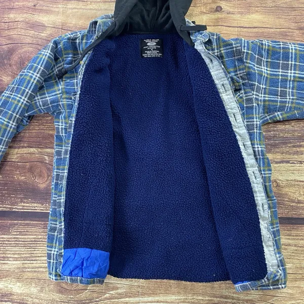 Grit Iron Workwear M Button Up Sherpa Lined Flannel Hooded Jacket Blue - Image 2