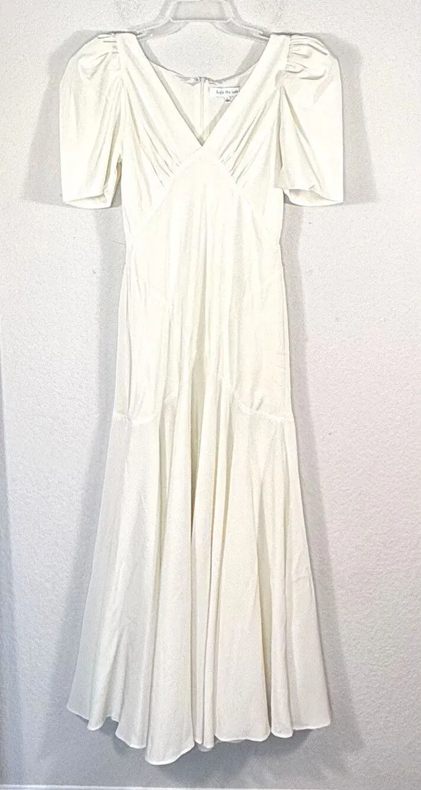 Womens Ivory Satin Puff Sleeve Maxi Dress M Bridal Sofie the Label Bohme NWOT - Image 2