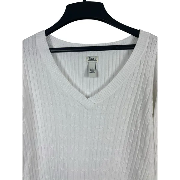 Bass Womens White Cable Knit V Neck Sweater Size L 100% Cotton Classic Preppy - Image 4