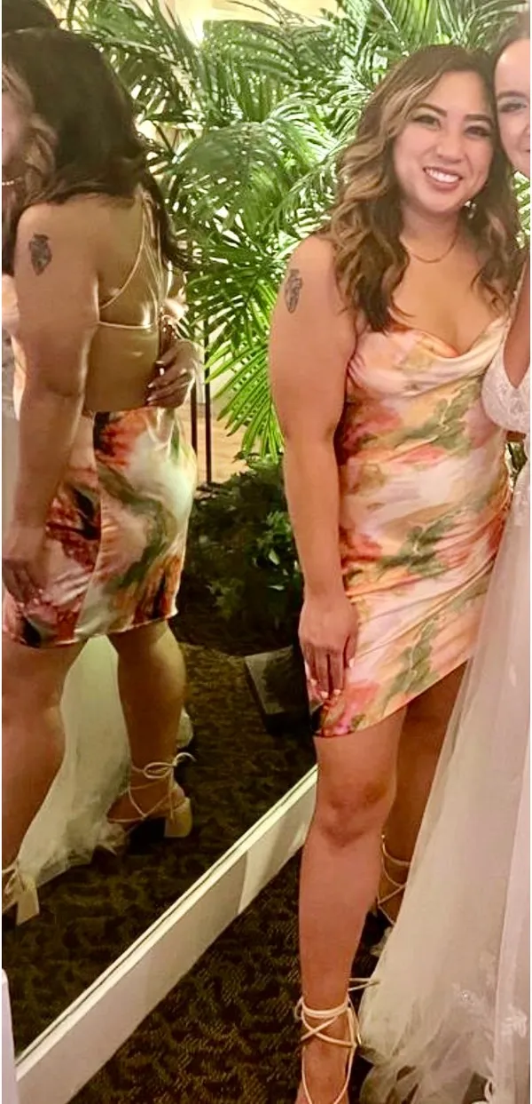 Floral Abstract Backless Asymmetrical Cider Dress Medium (6) - Image 3
