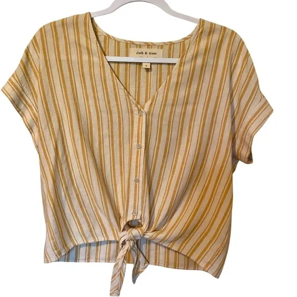 Anthropologie Cloth & Stone Yellow Striped Front Tie Crop Top Shirt - Image 2