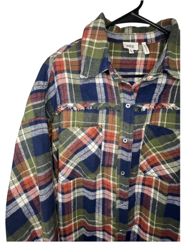 BKE Raw Hem Frayed Hem Plaid Long Sleeve Boyfriend Flannel Shirt Shacket - Image 2
