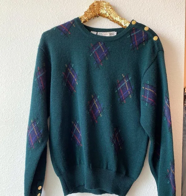 Vintage JH Collectibles Wool Sweater | Gold Crest Buttons | Tartan Argyle - Image 2