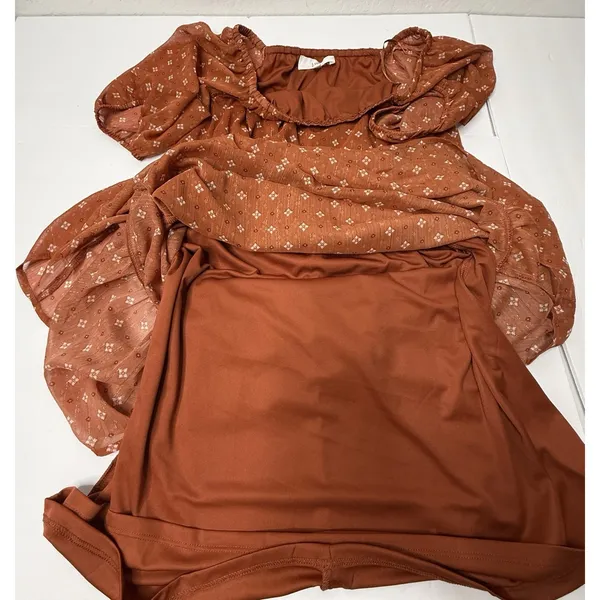 Lucky Brand Rust Dress Shimmer Peasant Boho Tiered Size M Midi‎ Puff Sleeve New - Image 9