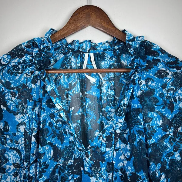 By Anthropologie Blouse Top Womens Large Blue Sheer Floral Boho Long Sleeve‎ Tie - Image 5