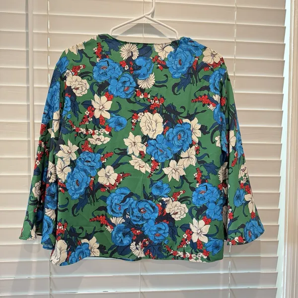 Zara Green Blue White Preppy Floral Bell Sleeve Modest High‎ Neck Blouse Size S - Image 7
