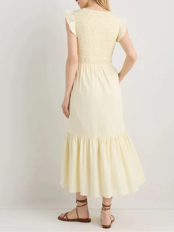 Quince Organic Textured Cotton Smocked V-Neck Midi Dress Pale Custard Yellow L - Image 4