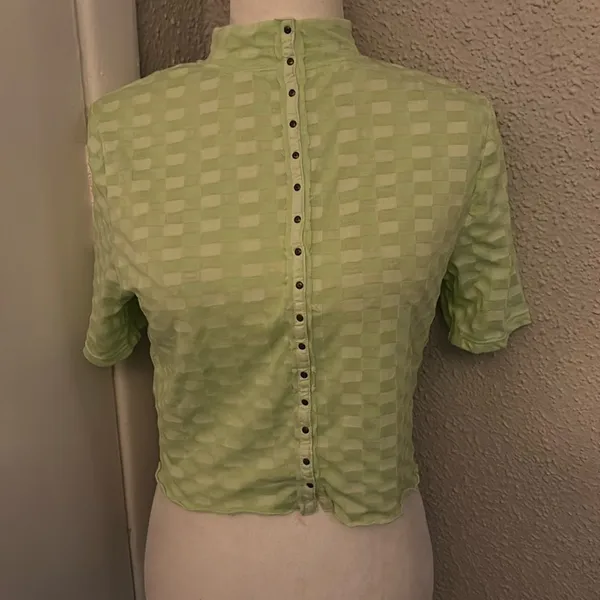 Free People Green Mock Neck Textured Button Closure Back T-Shirt S Casual Boho - Image 3