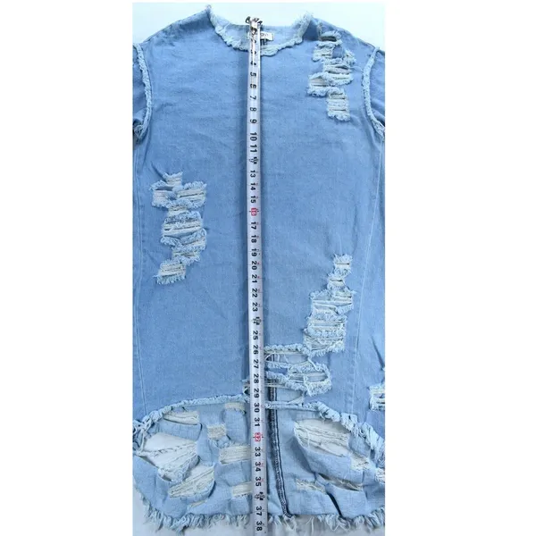 Vibrant MIU Light Wash Distressed Denim Shift Dress Shredded High Low Hem Blue - Image 5