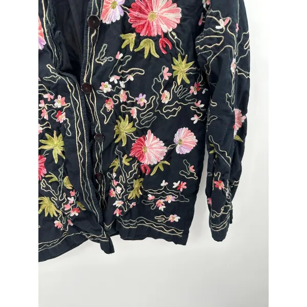 Bedford Fair Womens Black Floral Embroidery Cotton Flax‎ Button Down Jacket L - Image 3