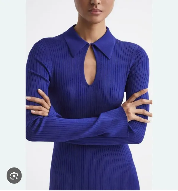 Reiss Blue Ronnie Collared Knitted Long Sleeve Ribbed Midi Bodycon Dress Size XS - Image 3