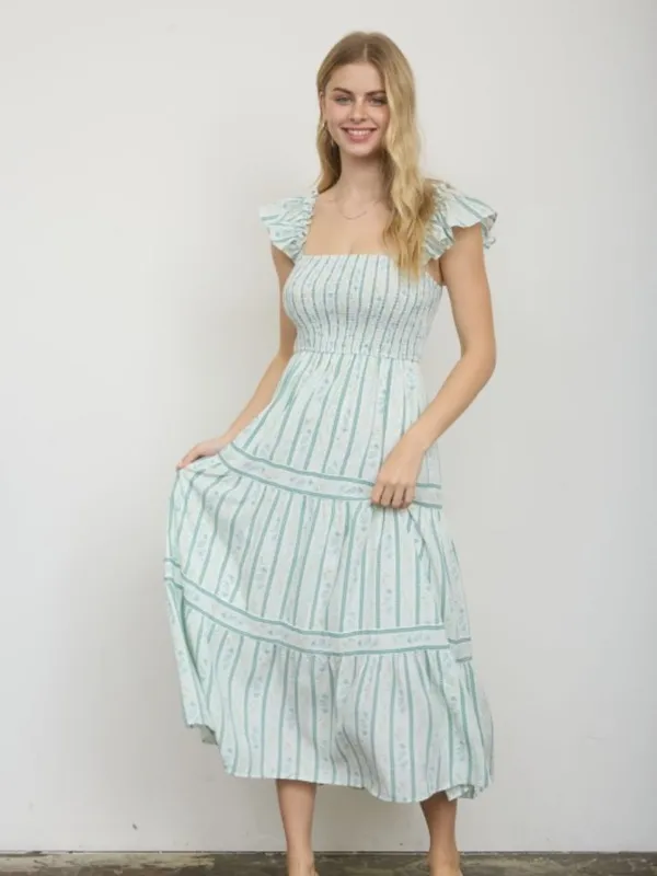 Blu Pepper Stripe Floral Pattern Smocked Tiered Midi Dress Last One Size Large - Image 2