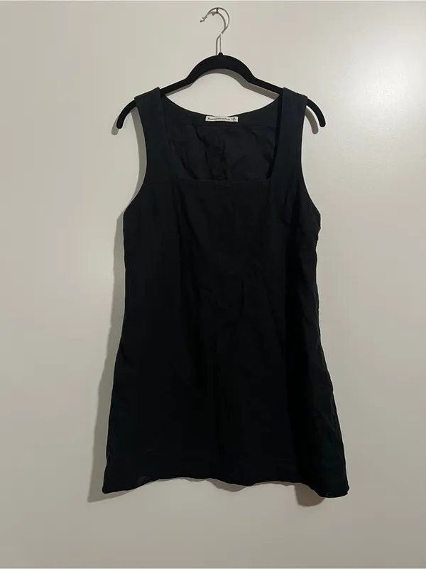 A&F Wide Strap Linen-Blend Mini Dress Black Size Medium with Pockets - Image 3