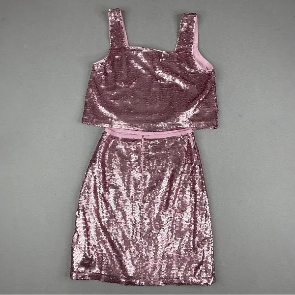 BuddyLove Sugar Pink Sequin 2 Piece Crop Top Mini Skirt Set XS NWT - Image 9