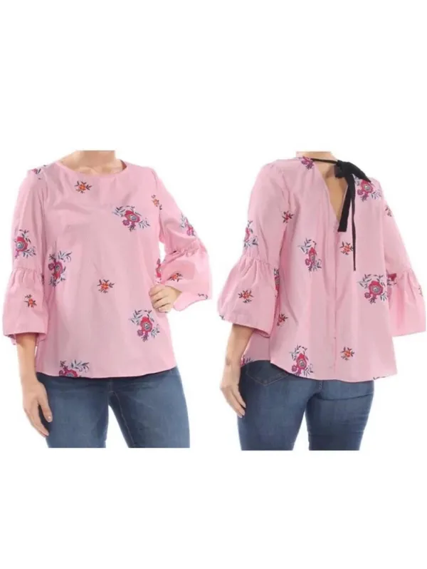 Nine West Red and White Striped Floral Embroidered Bell Sleeve Blouse Size XL - Image 2