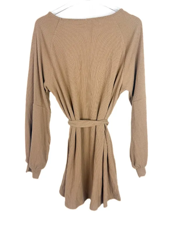 NWT Cupshe Belted Bishop Sleeve Rib Knit Mini Dress Brown Tan Size Medium M NEW - Image 8