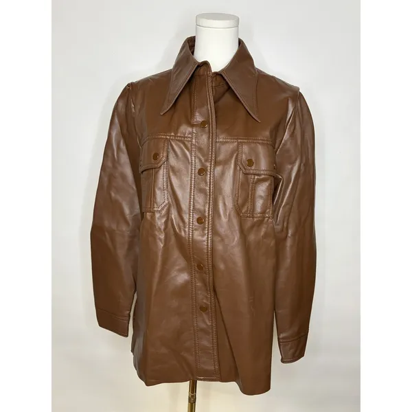 Miss K Vintage Brown Faux Leather Shacket Snap Front Jacket Large RN 42000 - Image 2