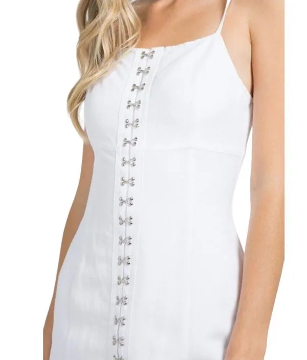 Fanco Sleeveless Tie Strap Eye Hook Mini Dress White Size Small NWT - Image 4