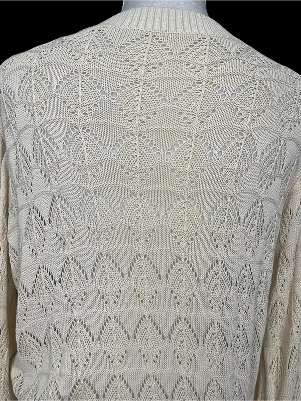 Cream Open Knit Cardigan Sweater Women’s Size S Bubble Sleeves - Image 5