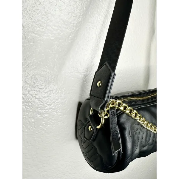 Juicy Couture Crossbody Bag Womens Small Black Faux Leather Chain Logo Barrel - Image 4