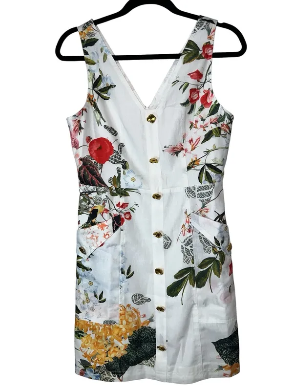 Commense Floral Linen Look Mini Dress with Belt Gold Buttons Size Small NWT - Image 3