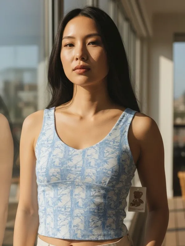 Happy Camp3r Women’s Blue Marble-Print Tank‎ Top Size L - Image 2