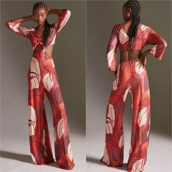 NWT Anthropologie Hutch Cutout Bold Floral Wide Leg‎ Cutout Tie Front Jumpsuit - Image 2