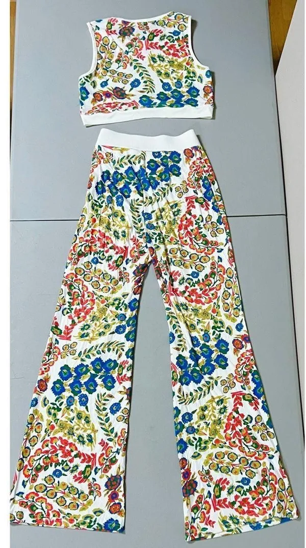 Cider White Floral Crop Top and Pants Matching Set 🌷 - Image 3