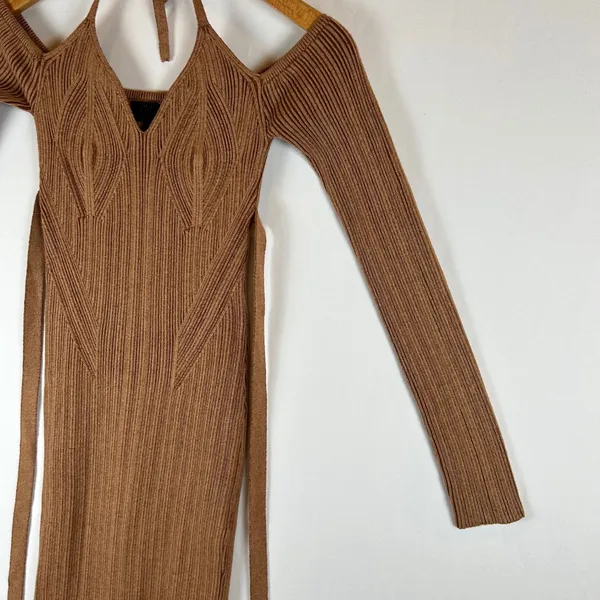 NBD Brown Ribbed Knit Stasia‎ Halter Wrap Midi Dress Small - Image 7