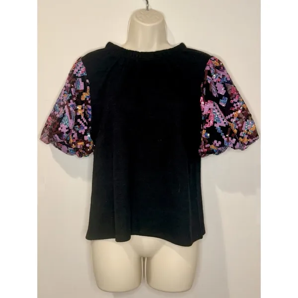 THML Black Knit Top with Purple Pink Sequin Puff Sleeves Size S Small EUC!! - Image 2