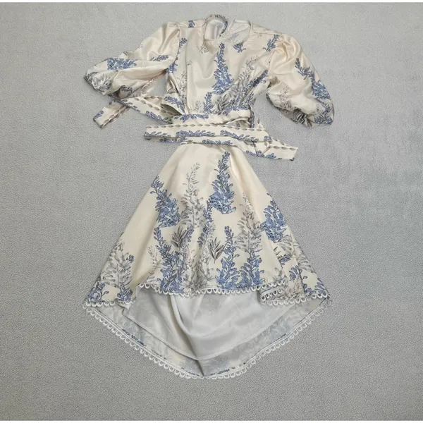 Boho Midi Dress Floral Print Cut Out Tie Back Cuff Sleeve Cream Blue Puff NWOT - Image 2