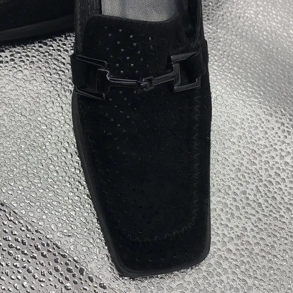 Stuart Weitzman black suede pinhole loafer heels - Image 2