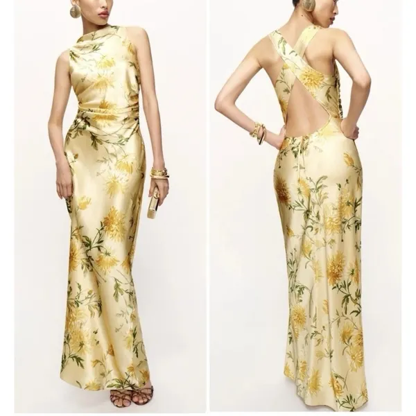 Reformation Anaiis Silk Maxi Dress Honeyglow Yellow Floral Cocktail Party Size 2 - Image 2